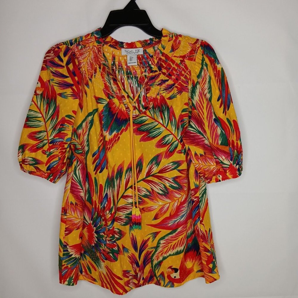 RACHEL ZOE Bright Tropical Floral Parrot Print Beaded Tassel Blouse Women Small